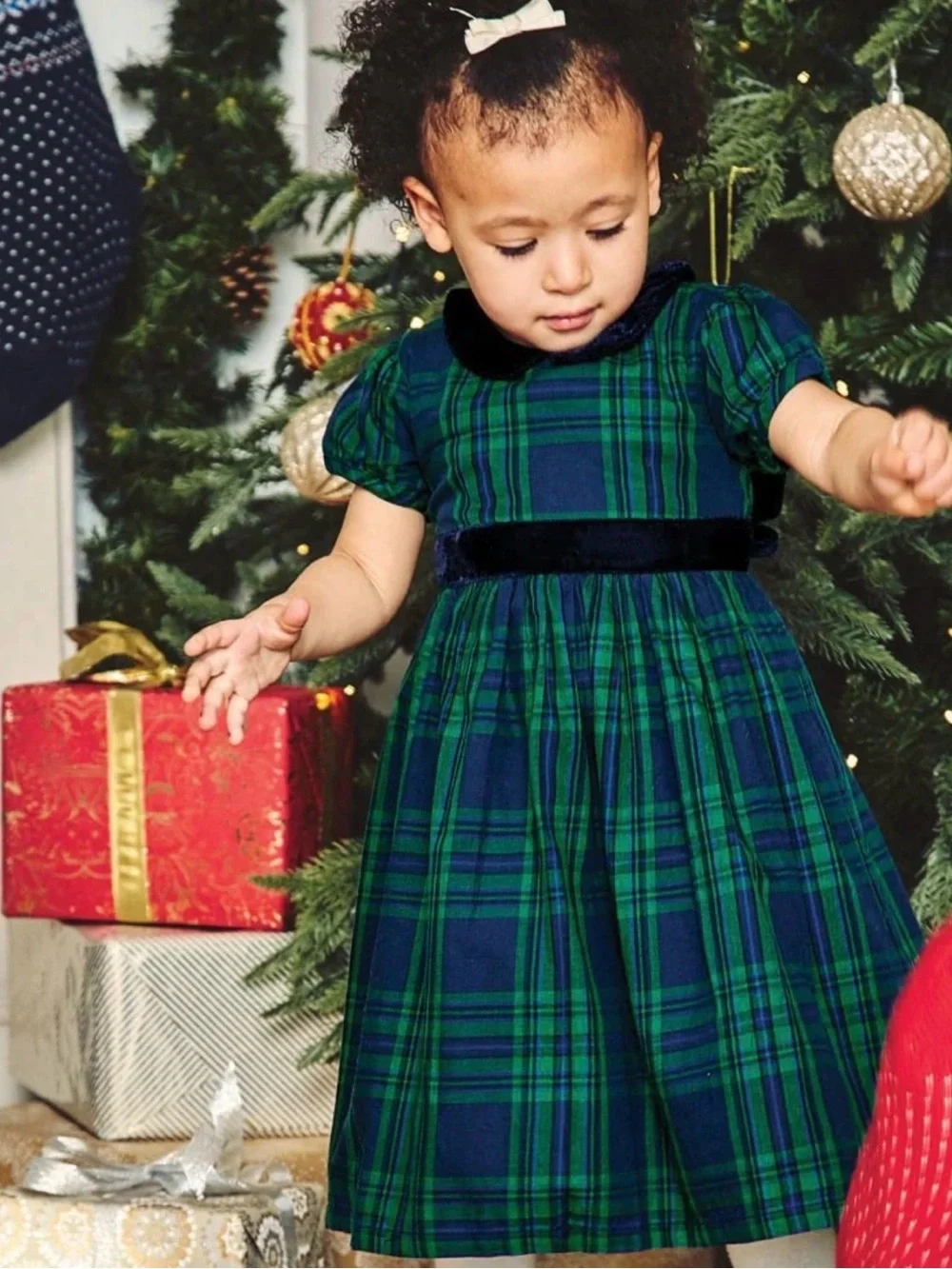 Jojo Maman BebeGreen & Navy Plaid Velvet Trim dress